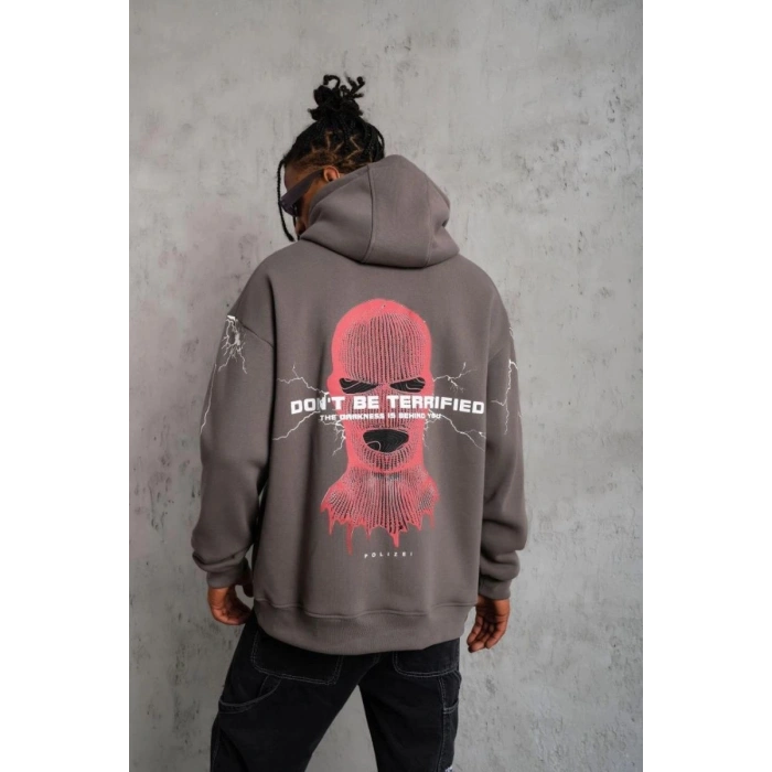 Erkek 3 İplik Pamuklu Kapüşonlu Baskılı Cepli Oversize Sweatshirt Hoodie - Gri