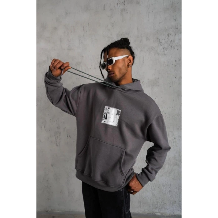 Erkek 3 İplik Pamuklu Kapüşonlu Baskılı Cepli Oversize Sweatshirt Hoodie - Gri