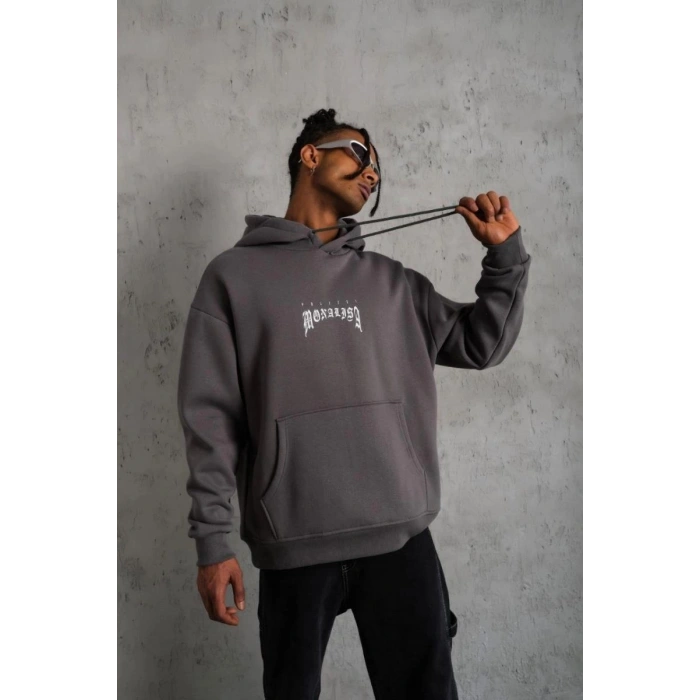 Erkek 3 İplik Pamuklu Kapüşonlu Baskılı Cepli Oversize Sweatshirt Hoodie - Gri
