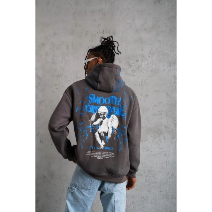 Erkek 3 İplik Pamuklu Kapüşonlu Baskılı Cepli Oversize Sweatshirt Hoodie - Gri