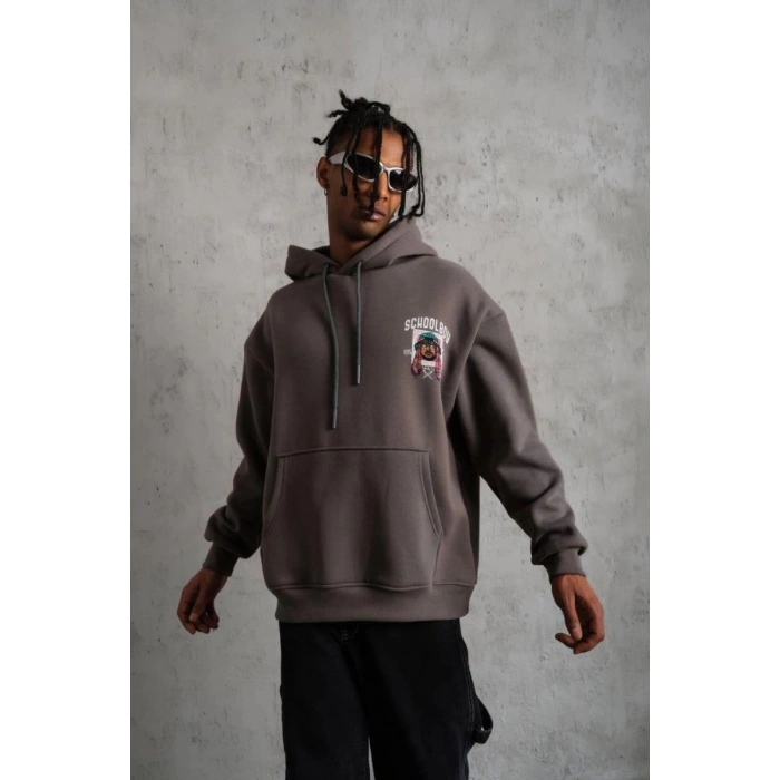 Erkek 3 İplik Pamuklu Kapüşonlu Baskılı Cepli Oversize Sweatshirt Hoodie - Gri
