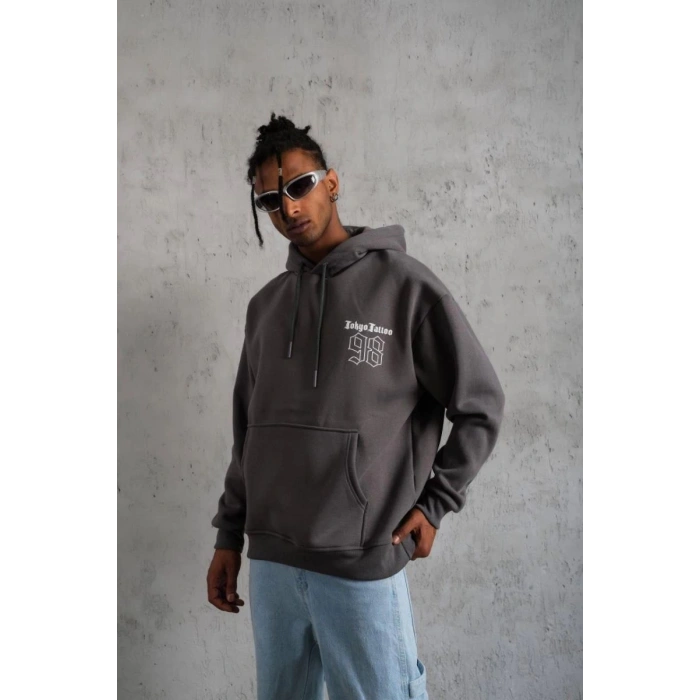 Erkek 3 İplik Pamuklu Kapüşonlu Baskılı Cepli Oversize Sweatshirt Hoodie - Gri