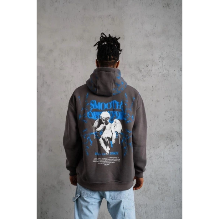 Erkek 3 İplik Pamuklu Kapüşonlu Baskılı Cepli Oversize Sweatshirt Hoodie - Gri