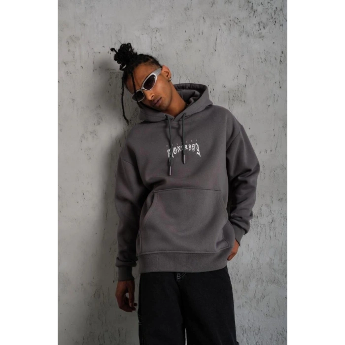 Erkek 3 İplik Pamuklu Kapüşonlu Baskılı Cepli Oversize Sweatshirt Hoodie - Gri