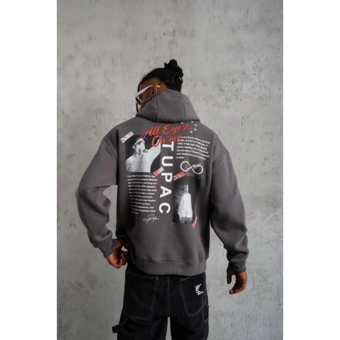 Erkek 3 İplik Pamuklu Kapüşonlu Baskılı Cepli Oversize Sweatshirt Hoodie - Gri