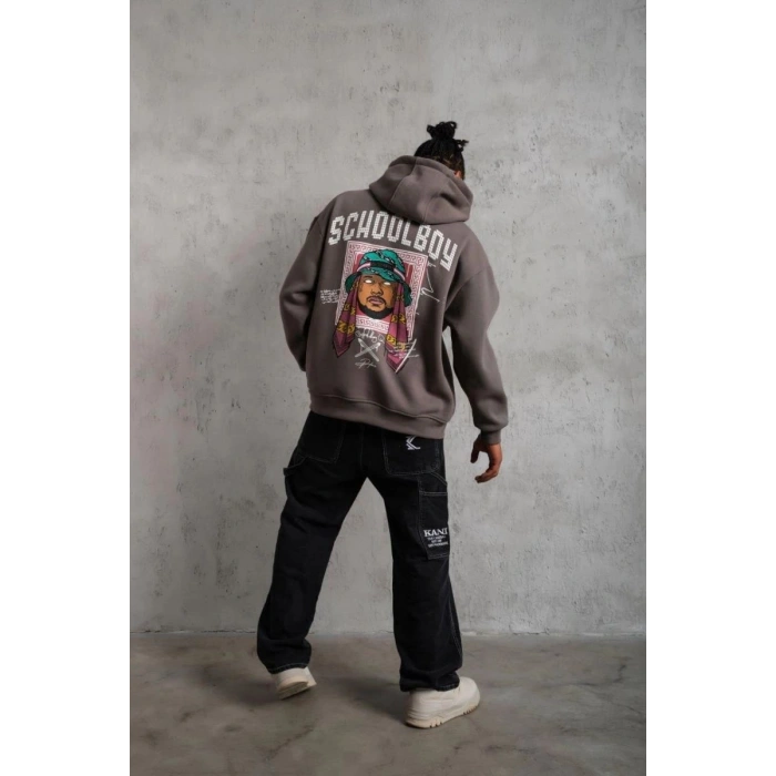 Erkek 3 İplik Pamuklu Kapüşonlu Baskılı Cepli Oversize Sweatshirt Hoodie - Gri