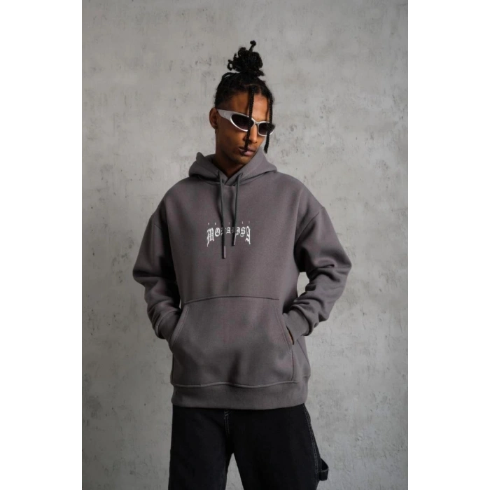 Erkek 3 İplik Pamuklu Kapüşonlu Baskılı Cepli Oversize Sweatshirt Hoodie - Gri