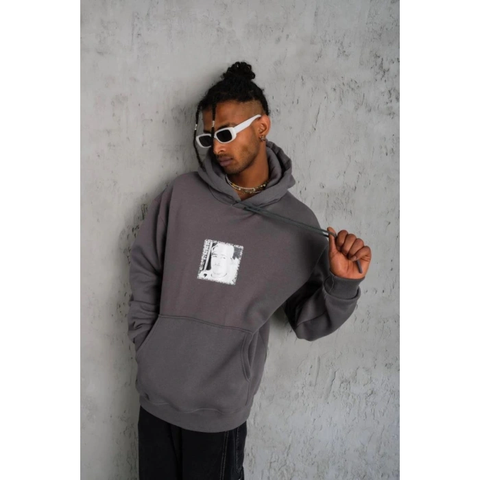 Erkek 3 İplik Pamuklu Kapüşonlu Baskılı Cepli Oversize Sweatshirt Hoodie - Gri