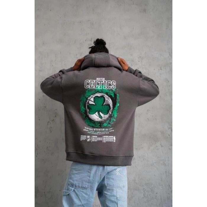 Erkek 3 İplik Pamuklu Kapüşonlu Baskılı Cepli Oversize Sweatshirt Hoodie - Gri