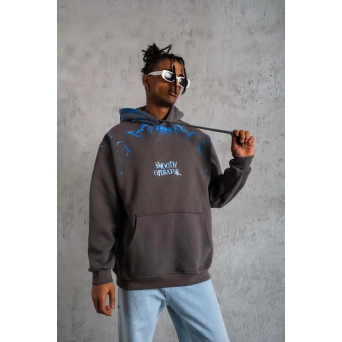 Erkek 3 İplik Pamuklu Kapüşonlu Baskılı Cepli Oversize Sweatshirt Hoodie - Gri