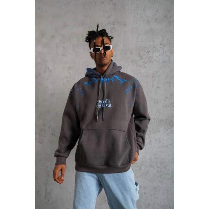 Erkek 3 İplik Pamuklu Kapüşonlu Baskılı Cepli Oversize Sweatshirt Hoodie - Gri