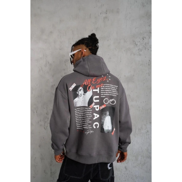 Erkek 3 İplik Pamuklu Kapüşonlu Baskılı Cepli Oversize Sweatshirt Hoodie - Gri