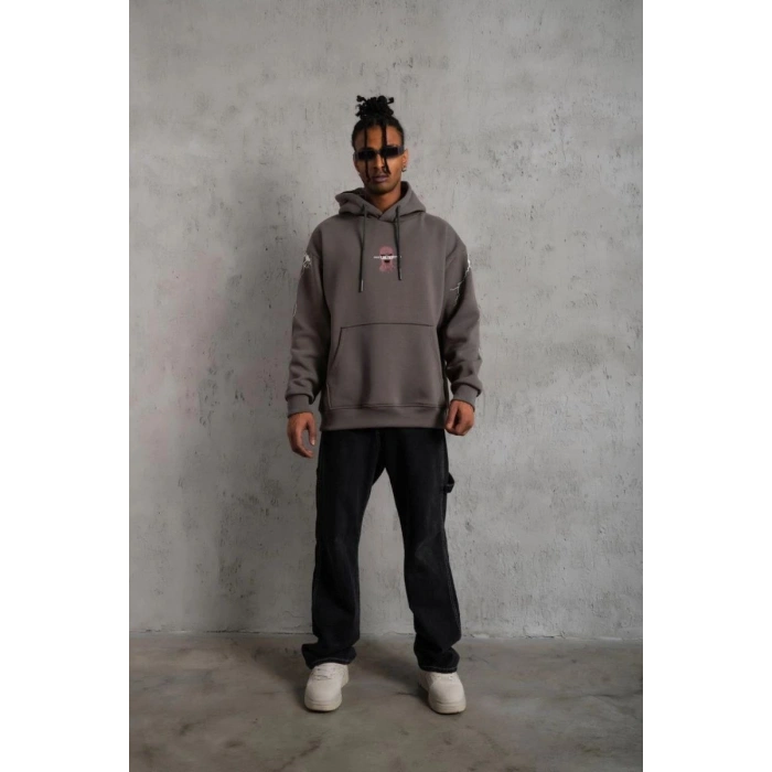 Erkek 3 İplik Pamuklu Kapüşonlu Baskılı Cepli Oversize Sweatshirt Hoodie - Gri