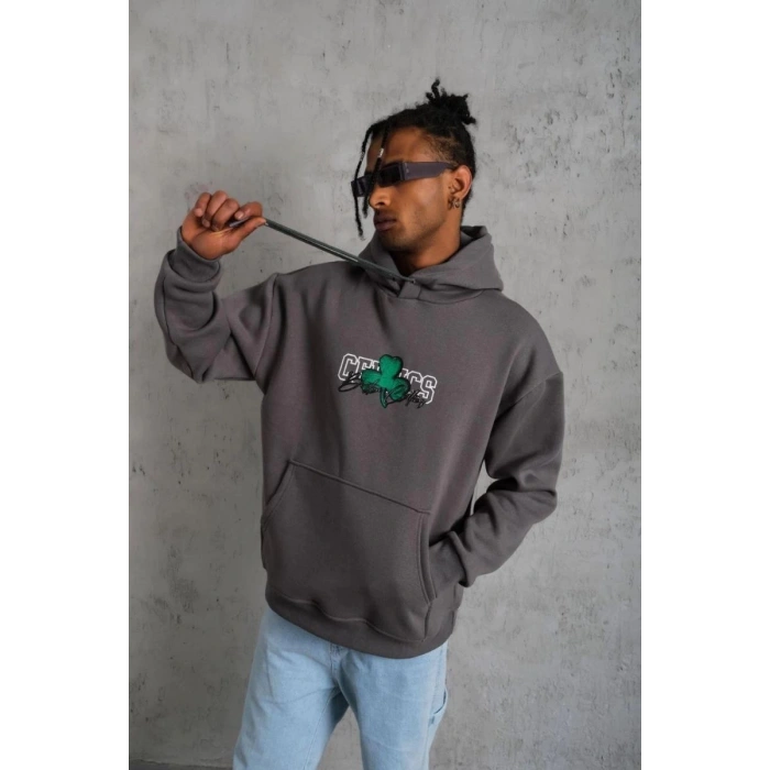 Erkek 3 İplik Pamuklu Kapüşonlu Baskılı Cepli Oversize Sweatshirt Hoodie - Gri