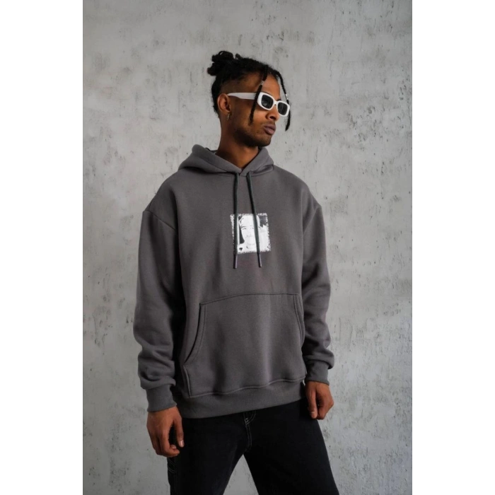 Erkek 3 İplik Pamuklu Kapüşonlu Baskılı Cepli Oversize Sweatshirt Hoodie - Gri