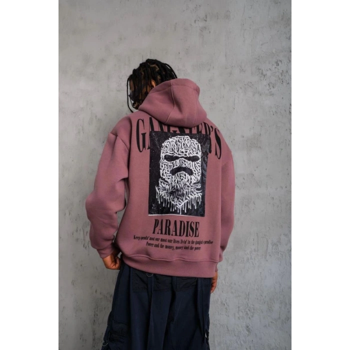 Erkek 3 İplik Pamuklu Kapüşonlu Baskılı Cepli Oversize Sweatshirt Hoodie - Gül Kurusu