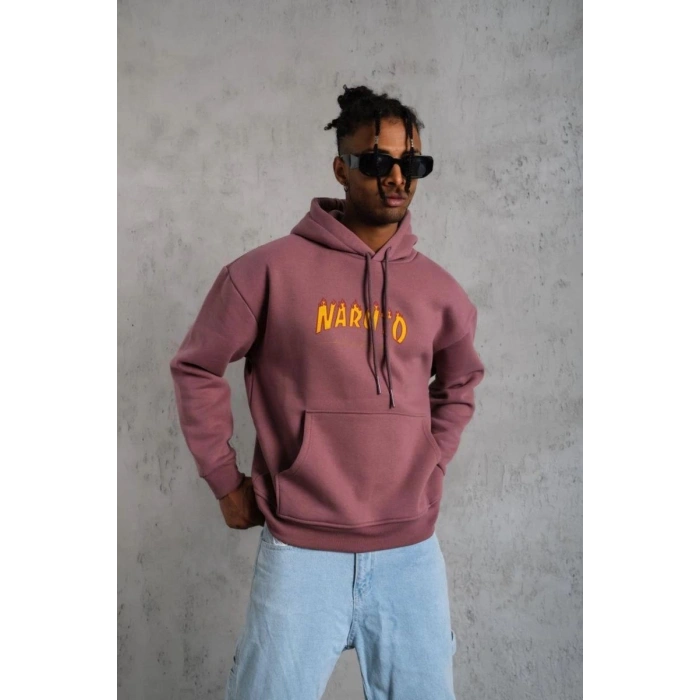 Erkek 3 İplik Pamuklu Kapüşonlu Baskılı Cepli Oversize Sweatshirt Hoodie - Gül Kurusu