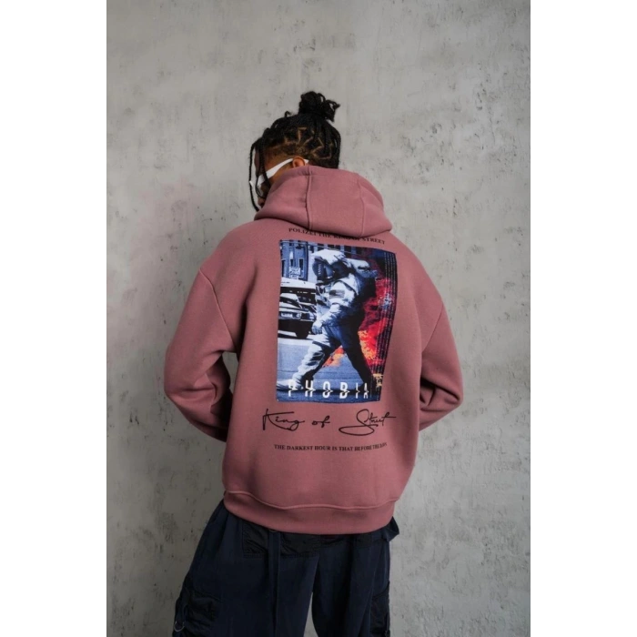 Erkek 3 İplik Pamuklu Kapüşonlu Baskılı Cepli Oversize Sweatshirt Hoodie - Gül Kurusu
