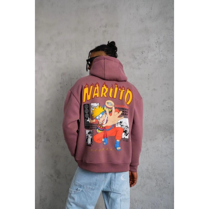 Erkek 3 İplik Pamuklu Kapüşonlu Baskılı Cepli Oversize Sweatshirt Hoodie - Gül Kurusu
