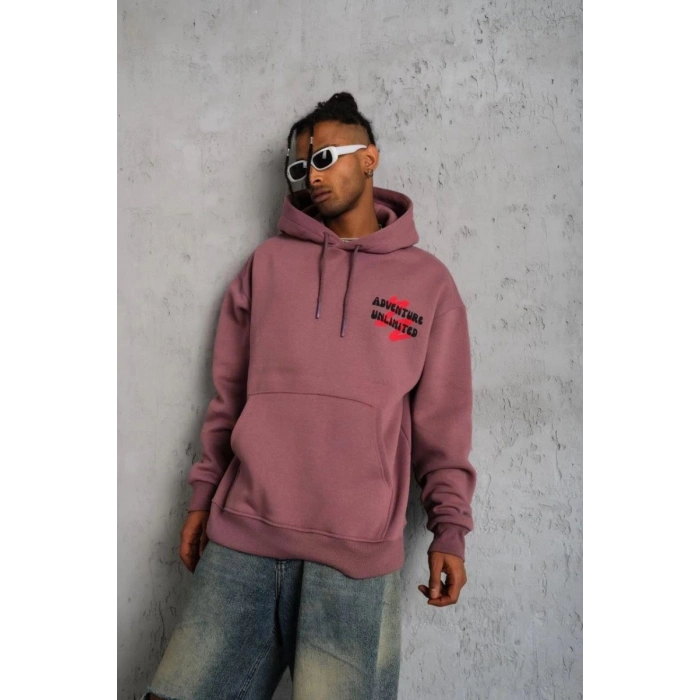 Erkek 3 İplik Pamuklu Kapüşonlu Baskılı Cepli Oversize Sweatshirt Hoodie - Gül Kurusu