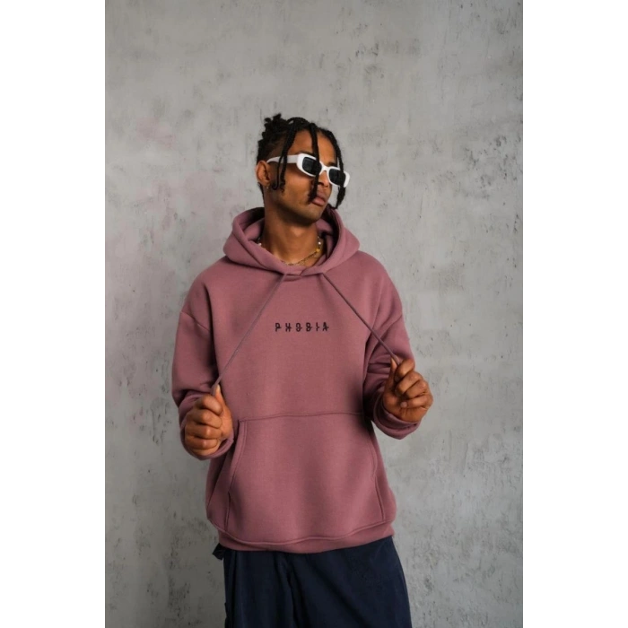Erkek 3 İplik Pamuklu Kapüşonlu Baskılı Cepli Oversize Sweatshirt Hoodie - Gül Kurusu