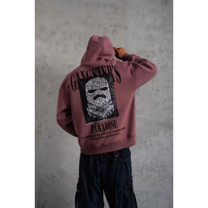Erkek 3 İplik Pamuklu Kapüşonlu Baskılı Cepli Oversize Sweatshirt Hoodie - Gül Kurusu