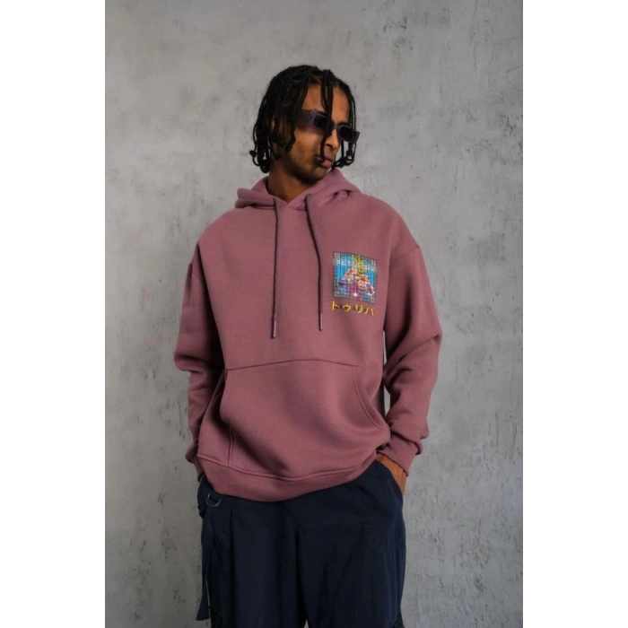 Erkek 3 İplik Pamuklu Kapüşonlu Baskılı Cepli Oversize Sweatshirt Hoodie - Gül Kurusu