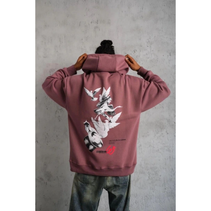 Erkek 3 İplik Pamuklu Kapüşonlu Baskılı Cepli Oversize Sweatshirt Hoodie - Gül Kurusu