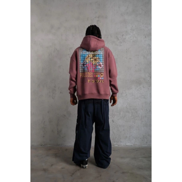 Erkek 3 İplik Pamuklu Kapüşonlu Baskılı Cepli Oversize Sweatshirt Hoodie - Gül Kurusu