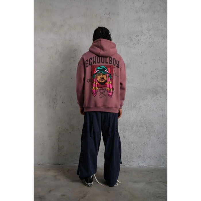 Erkek 3 İplik Pamuklu Kapüşonlu Baskılı Cepli Oversize Sweatshirt Hoodie - Gül Kurusu