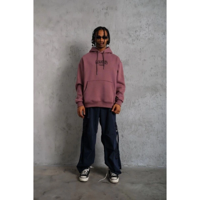 Erkek 3 İplik Pamuklu Kapüşonlu Baskılı Cepli Oversize Sweatshirt Hoodie - Gül Kurusu