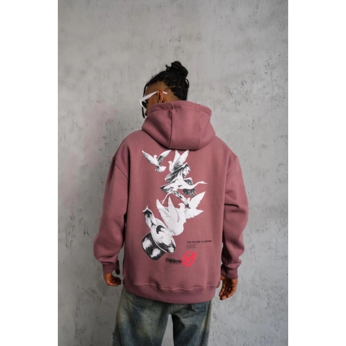 Erkek 3 İplik Pamuklu Kapüşonlu Baskılı Cepli Oversize Sweatshirt Hoodie - Gül Kurusu