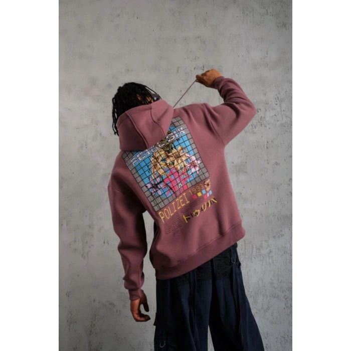 Erkek 3 İplik Pamuklu Kapüşonlu Baskılı Cepli Oversize Sweatshirt Hoodie - Gül Kurusu