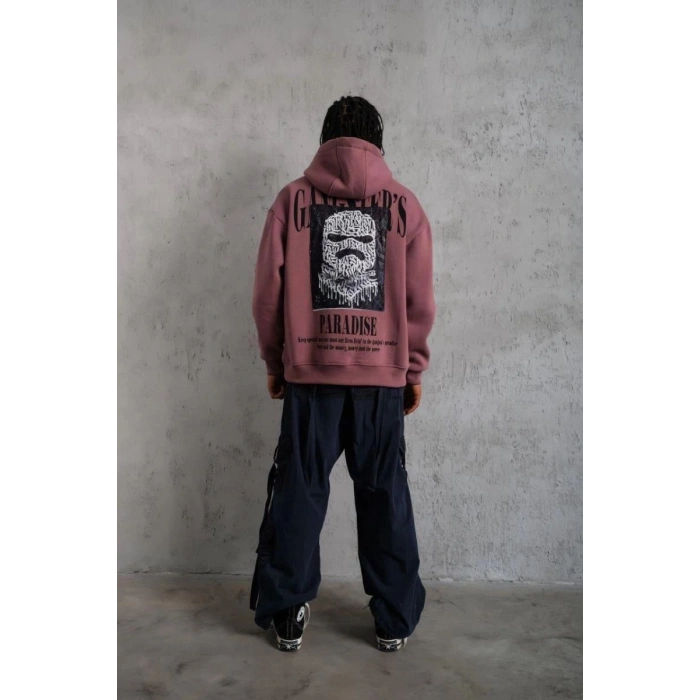 Erkek 3 İplik Pamuklu Kapüşonlu Baskılı Cepli Oversize Sweatshirt Hoodie - Gül Kurusu