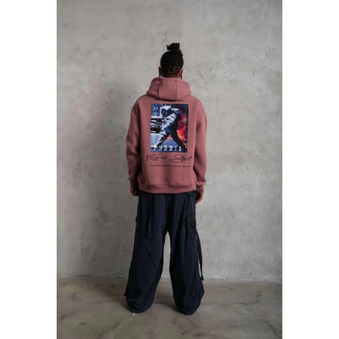 Erkek 3 İplik Pamuklu Kapüşonlu Baskılı Cepli Oversize Sweatshirt Hoodie - Gül Kurusu
