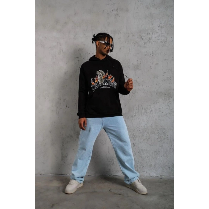 Erkek 3 İplik Pamuklu Kapüşonlu Baskılı Cepli Oversize Sweatshirt Hoodie - Siyah