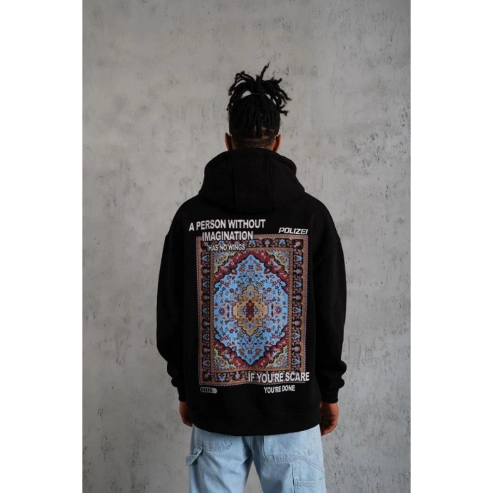 Erkek 3 İplik Pamuklu Kapüşonlu Baskılı Cepli Oversize Sweatshirt Hoodie - Siyah