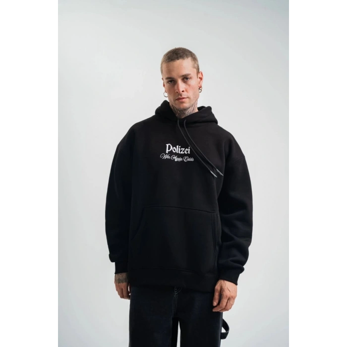 Erkek 3 İplik Pamuklu Kapüşonlu Baskılı Cepli Oversize Sweatshirt Hoodie - Siyah