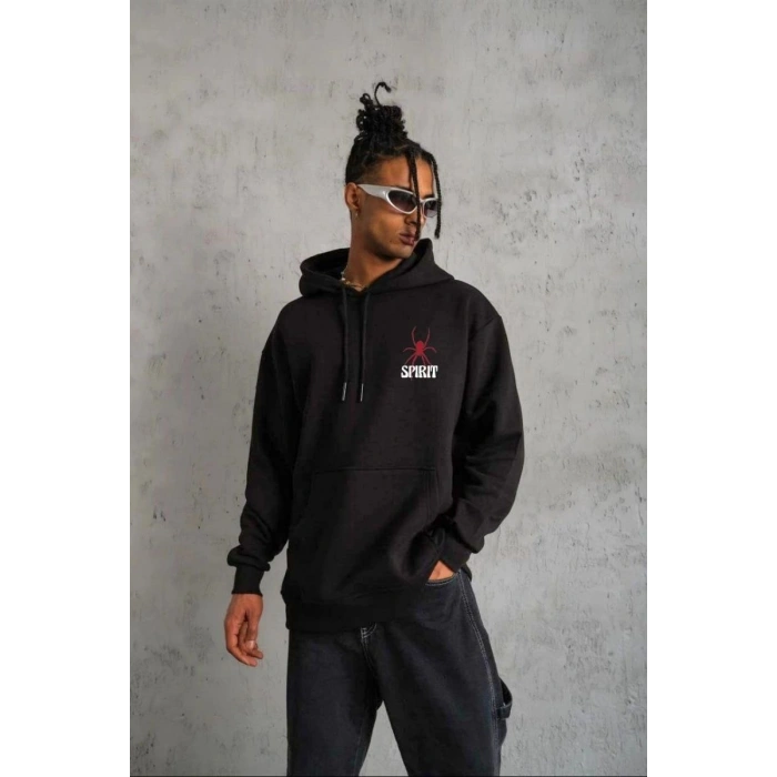 Erkek 3 İplik Pamuklu Kapüşonlu Baskılı Cepli Oversize Sweatshirt Hoodie - Siyah