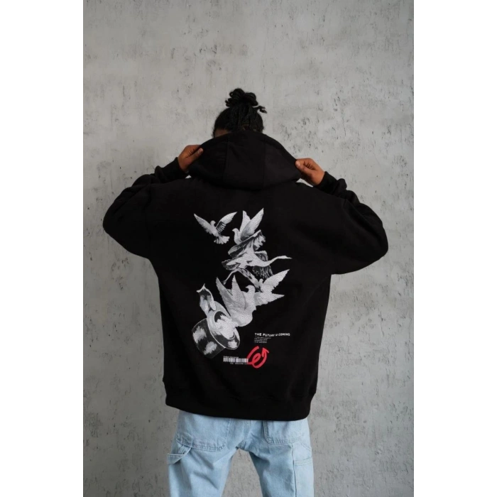 Erkek 3 İplik Pamuklu Kapüşonlu Baskılı Cepli Oversize Sweatshirt Hoodie - Siyah