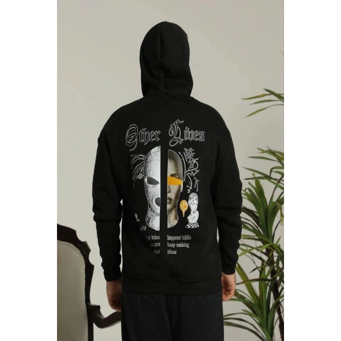 Erkek 3 İplik Pamuklu Kapüşonlu Baskılı Cepli Oversize Sweatshirt Hoodie - Siyah