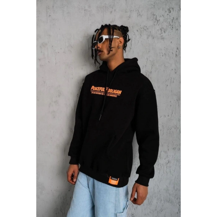 Erkek 3 İplik Pamuklu Kapüşonlu Baskılı Cepli Oversize Sweatshirt Hoodie - Siyah