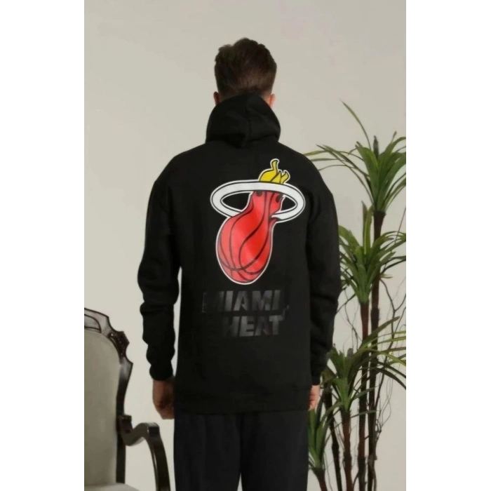 Erkek 3 İplik Pamuklu Kapüşonlu Baskılı Cepli Oversize Sweatshirt Hoodie - Siyah