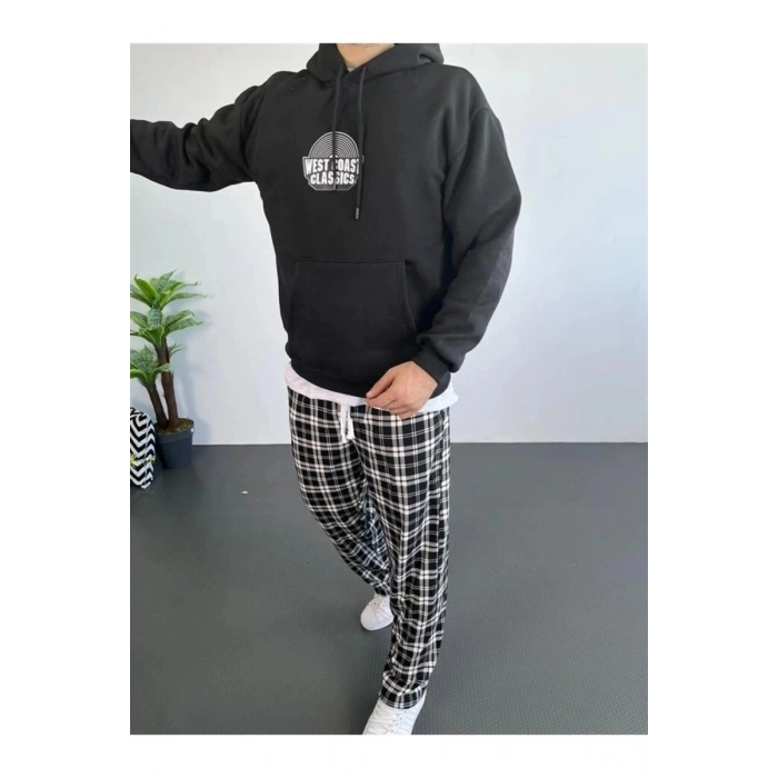 Erkek 3 İplik Pamuklu Kapüşonlu Baskılı Cepli Oversize Sweatshirt Hoodie - Siyah