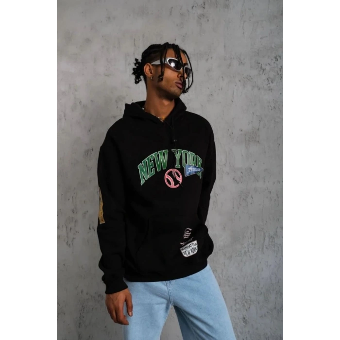 Erkek 3 İplik Pamuklu Kapüşonlu Baskılı Cepli Oversize Sweatshirt Hoodie - Siyah