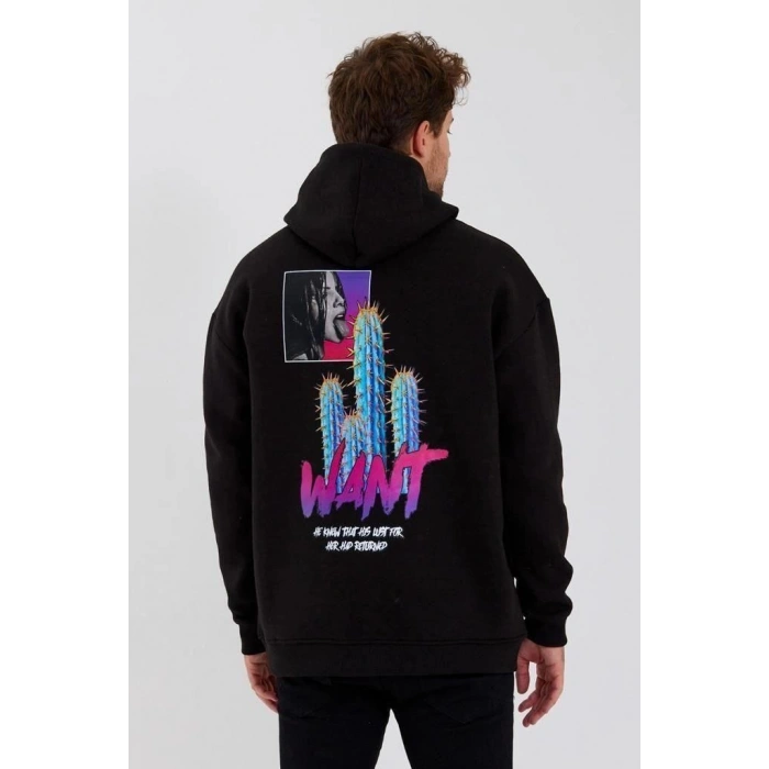 Erkek 3 İplik Pamuklu Kapüşonlu Baskılı Cepli Oversize Sweatshirt Hoodie - Siyah