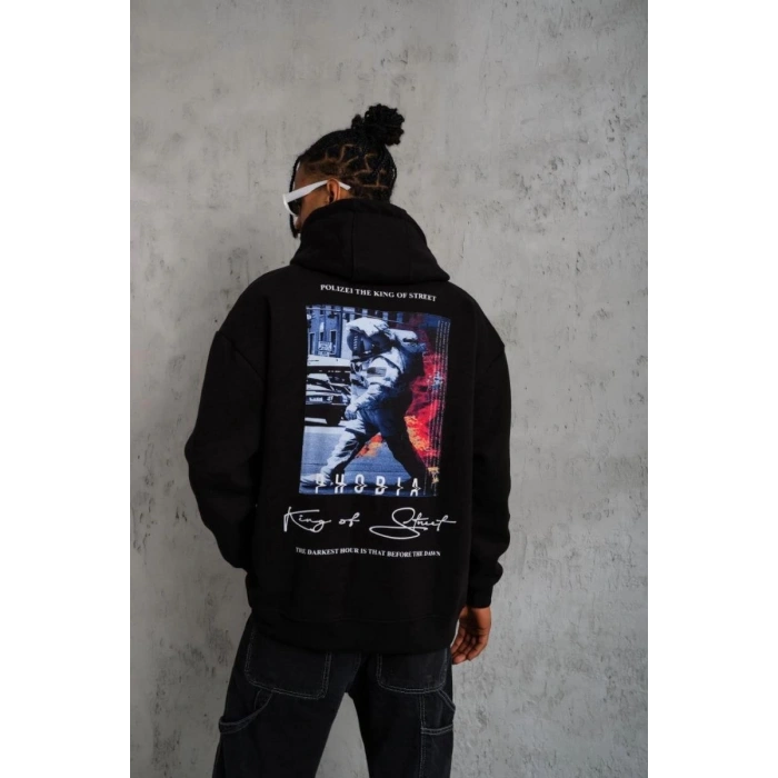 Erkek 3 İplik Pamuklu Kapüşonlu Baskılı Cepli Oversize Sweatshirt Hoodie - Siyah