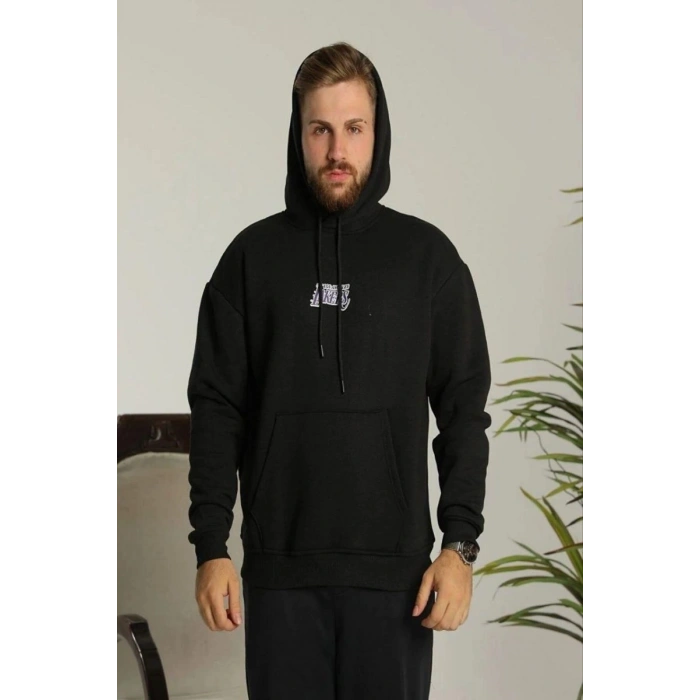 Erkek 3 İplik Pamuklu Kapüşonlu Baskılı Cepli Oversize Sweatshirt Hoodie - Siyah