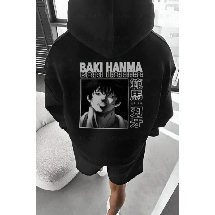 Erkek 3 İplik Pamuklu Kapüşonlu Baskılı Cepli Oversize Sweatshirt Hoodie - Siyah