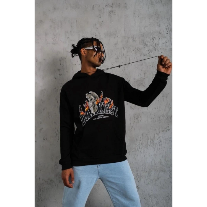 Erkek 3 İplik Pamuklu Kapüşonlu Baskılı Cepli Oversize Sweatshirt Hoodie - Siyah